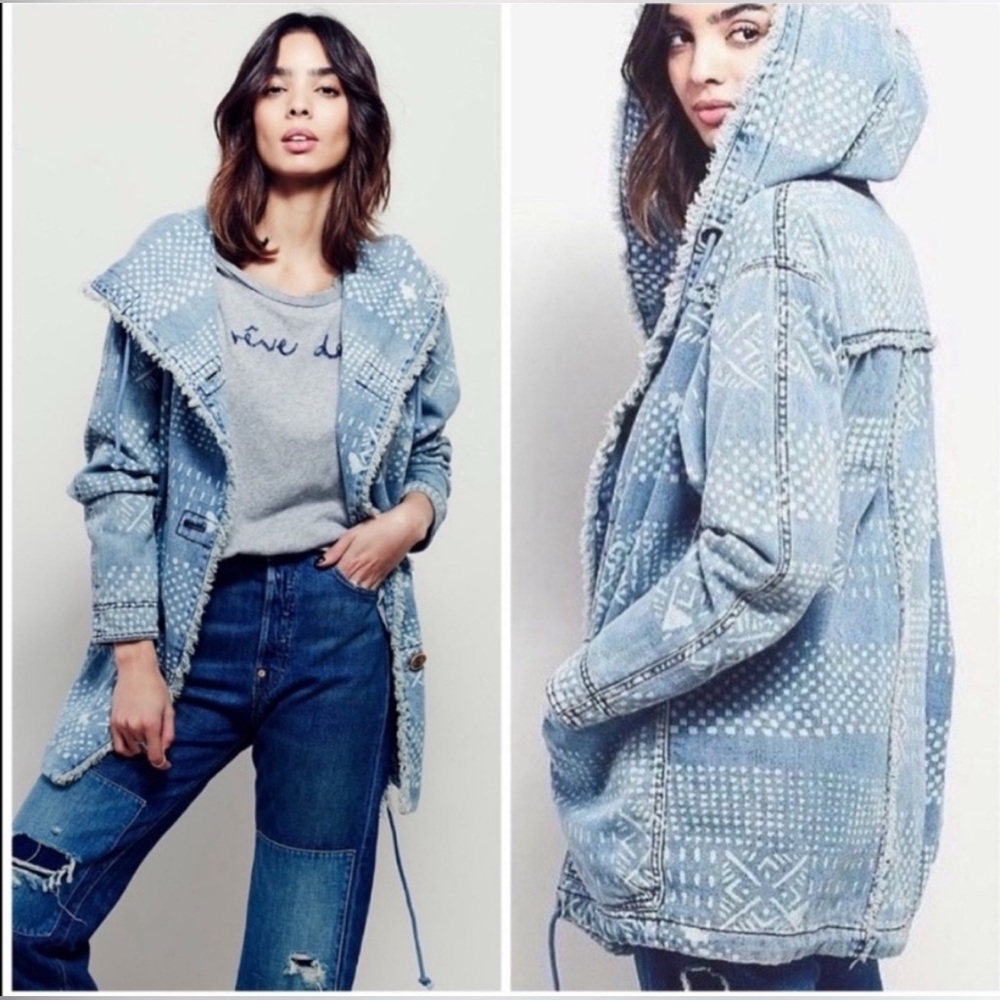 Free People Light Blue Hooded Jean Jacket with White Accents